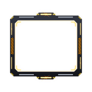 Dark gunmetal sci-fi game frame with amber lights and hazard stripes isolated on transparent background