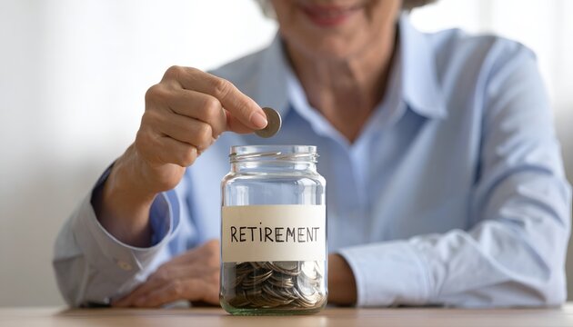 A hand deposits a coin into a jar labeled retirement, symbolizing retirement planning, pension savings, and preparing financially for later life.