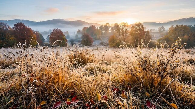 A golden autumn meadow glistens with frost as the sun rises over distant mountain peaks