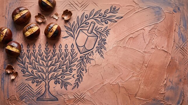 Roasted Chestnuts beside Menorah Tree and Dreidel Christmas and Hanukkah Copy Space Background on Cracked Terracotta Plaster with Olive Branch Engraving