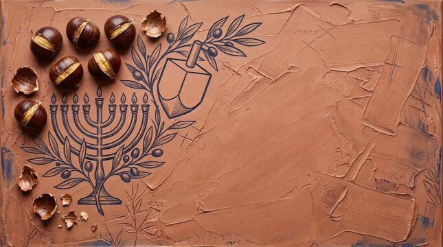 Roasted Chestnuts with Dreidel and Menorah Christmas and Hanukkah Copy Space Background Featuring Textured Terracotta Stucco Plaster and Olive Branch Art
