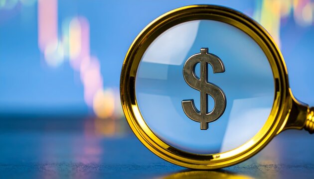 A magnifying glass highlights a dark dollar symbol against a blue background with colorful bokeh, illustrating currency inspection, financial research, and money analysis.