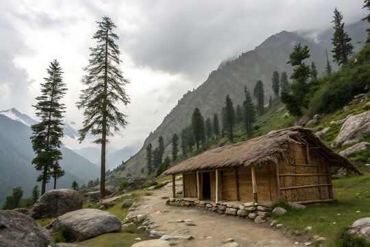 Minimal Indian hut in mountain region