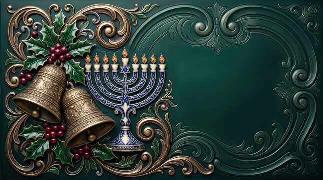 Christmas Bells and Hanukkah Menorah Copy Space Background in Ornate Green Enamel and Gilded Ceramic Relief Art Frame