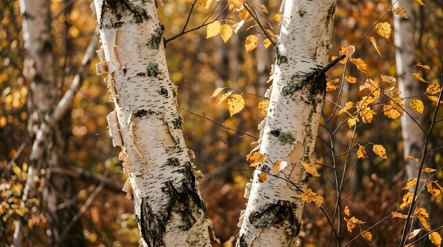 Close up of white birch tree trunks with peeling bark in an autumn forest setting