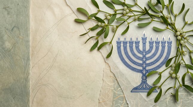 Delicate Hanukkah Blue Menorah Illustration and Fresh Christmas Mistletoe Berries on Handmade Vellum Paper Texture with Copy Space Background