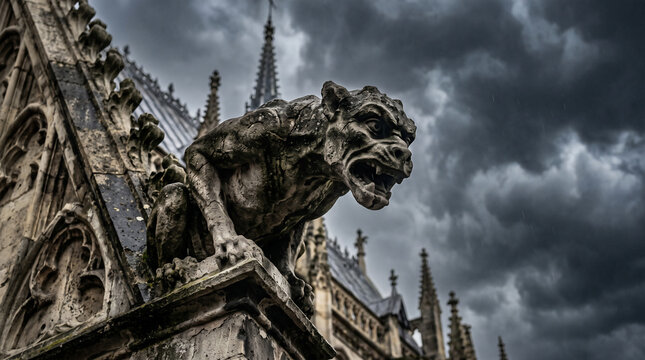 Gargoyle Guardian: A menacing gargoyle perched atop an ancient cathedral, its stone features contorted in a silent roar against a backdrop of dark, storm-laden skies.