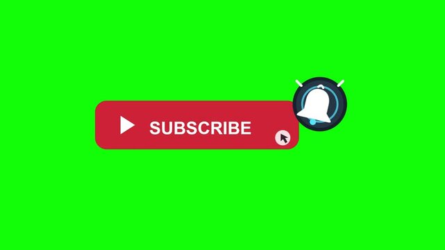 Subscribe button and notification bell animation with cursor clicking over solid green screen background video footage