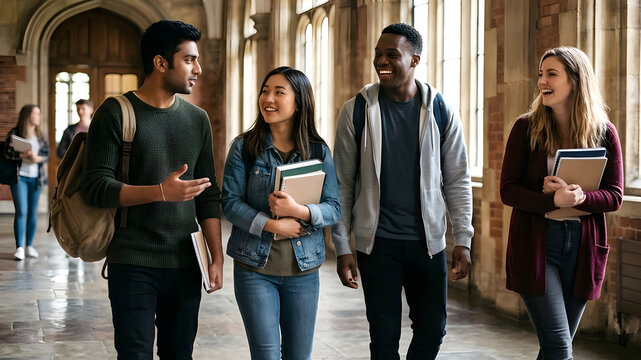 A diverse group of university students walking together and talking animatedly through a historic campus corridor. 