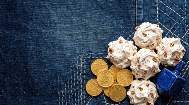 Hanukkah Dreidel Gelt and Christmas Pecan Snowball Cookies Flat Lay Copy Space Background on Indigo Sashiko Denim Textile