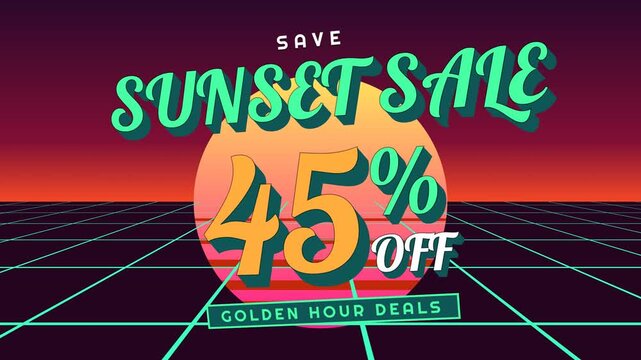 Animated retro synthwave background featuring a sunset sale promotion with forty-five percent discount text.