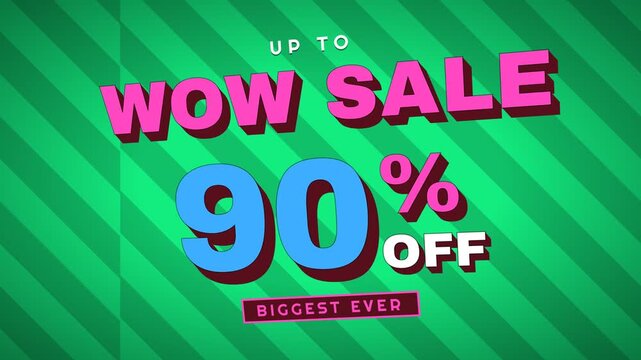 Retro 3D motion graphic animation of a promotional sale offering up to ninety percent discount on a green striped background.