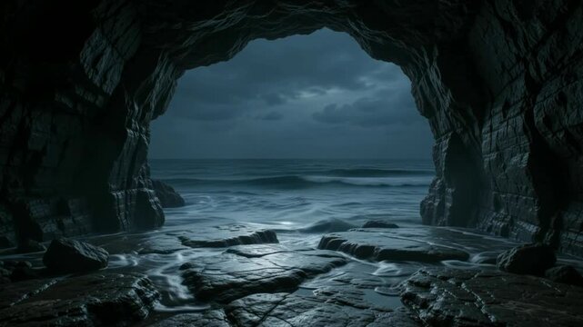 Ocean swells rolling into dark rocky sea cave at dusk 