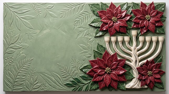 Ceramic Relief Plaque with Christmas Poinsettia and Hanukkah Menorah Botanical Carving Festive Copy Space Background Banner