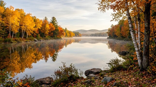 Serene autumn landscape with colorful trees reflecting in calm lake water at sunrise