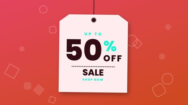 White promotional price tag showing a fifty percent discount swinging against a vibrant red background with floating geometric shapes.