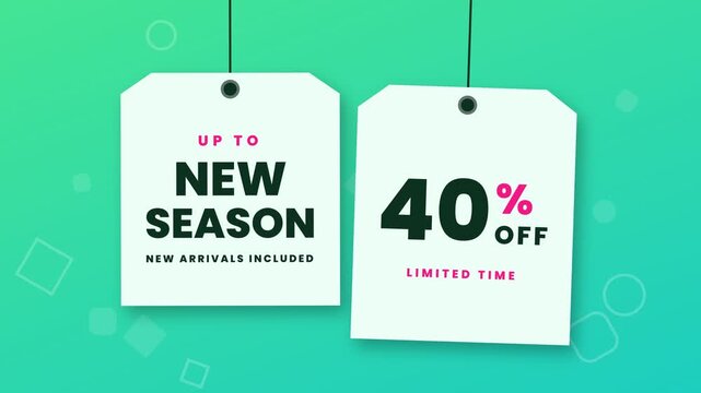 Hanging price tags advertising up to 40 percent off for new season arrivals on a teal animated background.