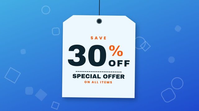 A white price tag with a 30 percent off special offer text hanging against a blue animated background.