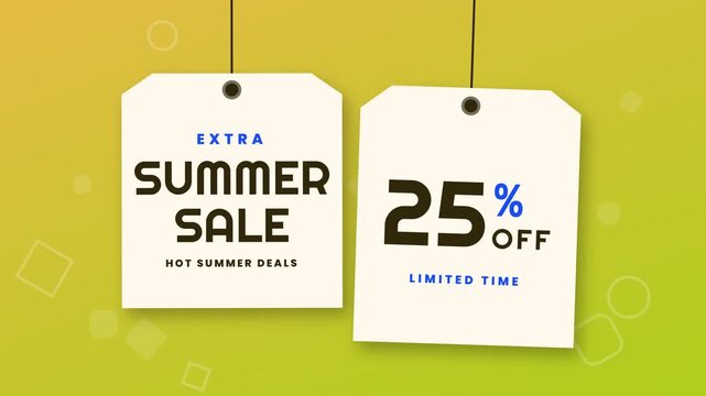 Two hanging white price tags advertising an extra summer sale with twenty-five percent off on a vibrant yellow background.