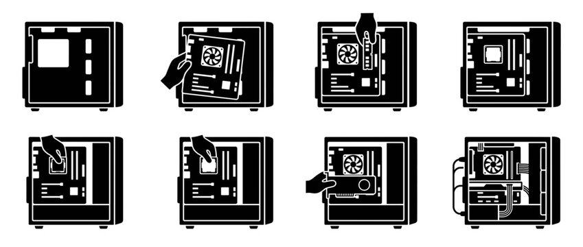 Computer hardware components icons isolated on white background. Tech device symbols for digital illustration. CPU, GPU, RAM, Hard Drive, Motherboard, Power Supply, Monitor, Keyboard, Mouse.