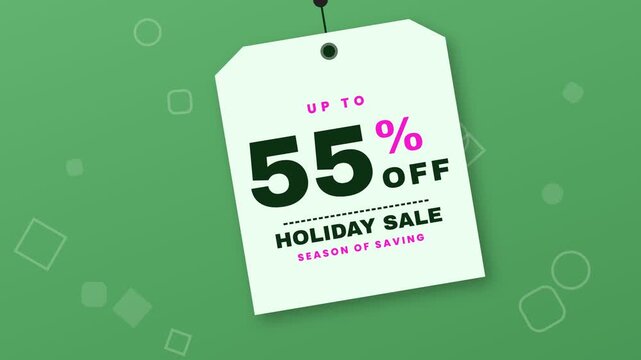 Animated white price tag swinging on a green background advertising a fifty-five percent off holiday sale.