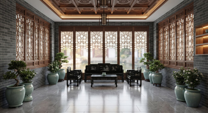 Classical Cantonese Lingnan Water Pavilion Capiz Shell Black Lacquer 3D Interior Design