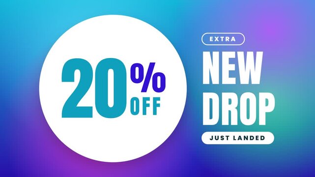 Animated retail discount promotion banner showing twenty percent off with new drop text on a vibrant liquid gradient background