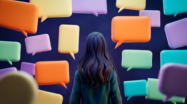 Rear view of a woman surrounded by colorful empty speech bubbles against a dark background symbolizing communication challenges and alexithymia