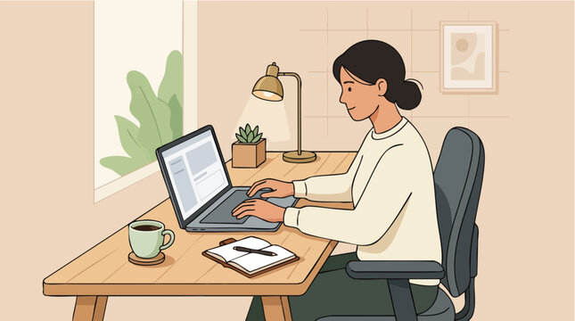 Focused professional woman working at modern desk with laptop, cozy home office setup, concept for remote work, productivity, and digital nomad lifestyle