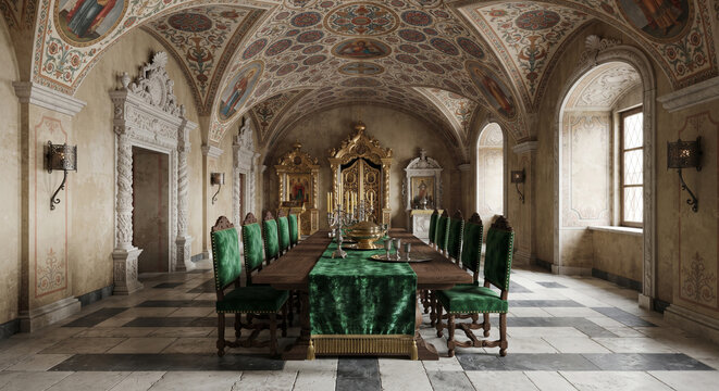 Moscow Naryshkin Baroque Boyar Dining Chamber Carved Limestone Malachite 3D Interior Design