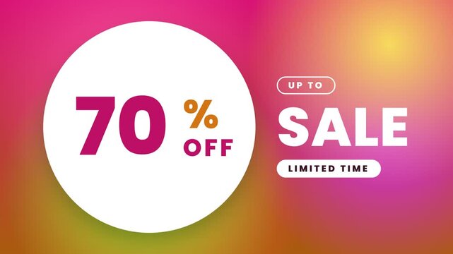 Animated retail banner with a growing discount percentage of seventy percent off on a vibrant liquid gradient background.