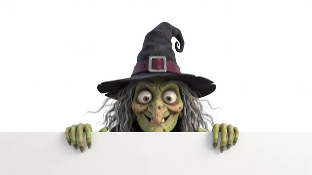 3d cartoon witch character with grey hair and pointed hat holding a blank white sign isolated on white background