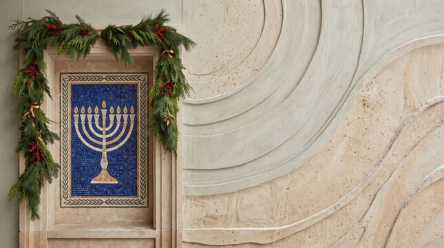 Hanukkah and Christmas Copy Space Background Featuring Mosaic Menorah Artwork, Pine Garland with Red Berries, and Sculptural Relief Wall Architecture