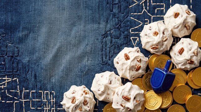 Hanukkah and Christmas Copy Space Background with Pecan Snowball Cookies, Blue Dreidel and Gelt Gold Chocolate Coins on Sashiko Denim Fabric Flat Lay