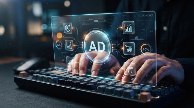 Hands typing on a mechanical keyboard featuring a glowing digital advertising HUD interface. Adtech data analytics concept with icons for marketing management and e-commerce strategy.