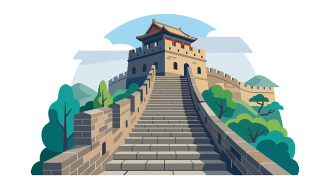 Stylized flat vector illustration of the Great Wall of China showing a low-angle perspective looking up a stone staircase toward a watchtower with green mountains and trees.