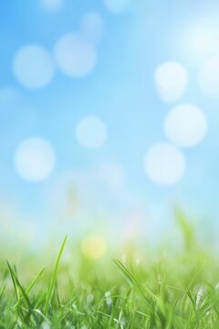 Blurred green grass and blue sky with bokeh lights
