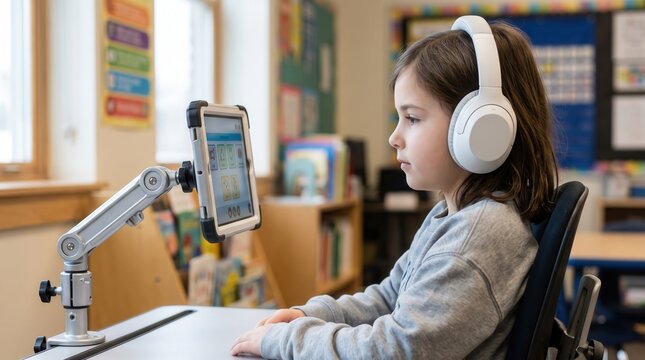Young student girl using assistive technology tablet and headphones for non-verbal communication in a classroom, representing inclusive education and special needs support services.