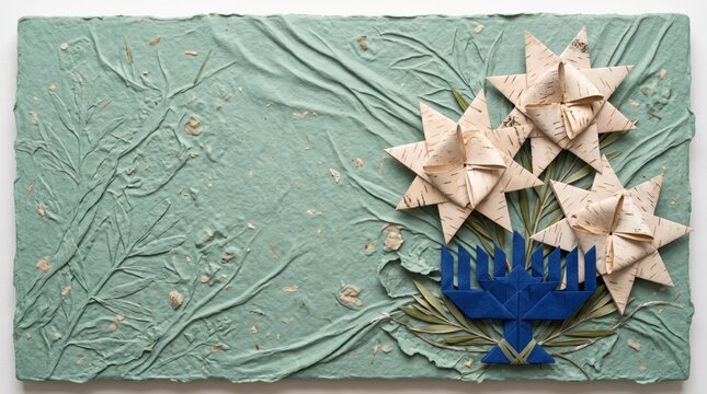 Hanukkah and Christmas Copy Space Background with Blue Menorah Origami and Birch Bark Stars on Textured Paper Cut Art Surface for Festive Holiday Design