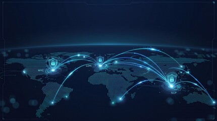 Plakat Global world map with glowing blue digital connections and security lock icons between major cities. Cybersecurity and data protection theme with network connectivity for fintech marketing.