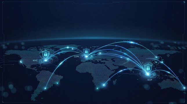 Global world map with glowing blue digital connections and security lock icons between major cities. Cybersecurity and data protection theme with network connectivity for fintech marketing.