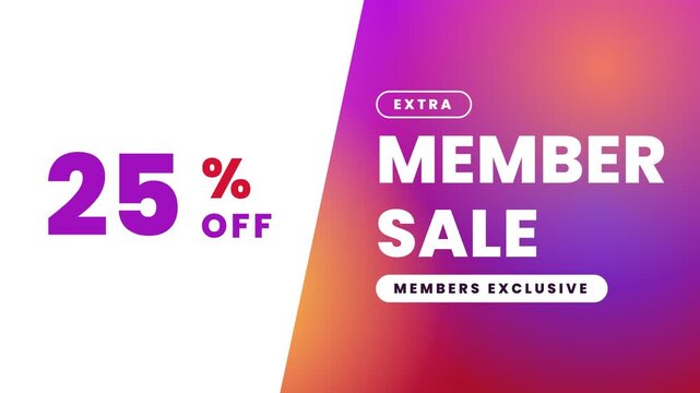 Animated promotional banner for a member sale increasing from twenty to twenty-five percent off with a vibrant liquid gradient background
