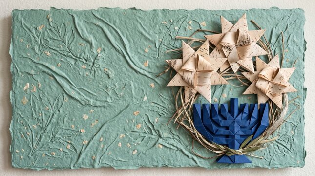Hanukkah and Christmas Birch Bark Stars Wreath Copy Space Background Featuring Blue Origami Menorah on Sculptural Paper Cut Art for Interfaith Holidays
