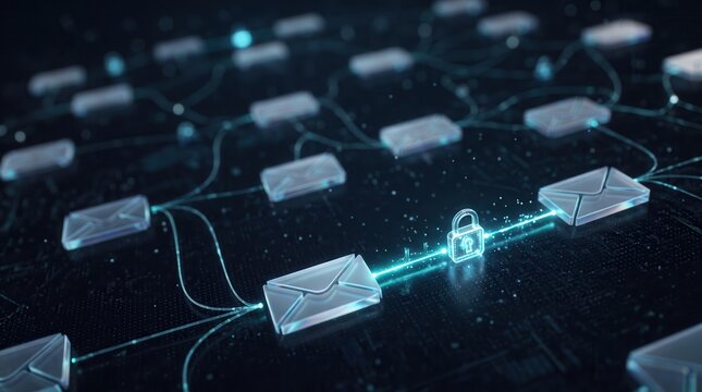 Digital envelope network 3D render with glowing padlock for cyber security and encrypted data protection, featuring secure email communication concept for IT and software marketing.