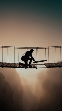 Businessman kneeling on a broken rope bridge