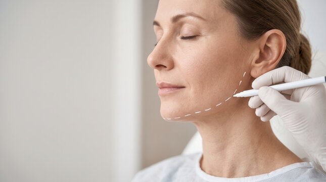 Surgeon marking mature woman's jawline for aesthetic procedure, featuring facial rejuvenation and anti-aging concept for plastic surgery clinic marketing and patient education materials.