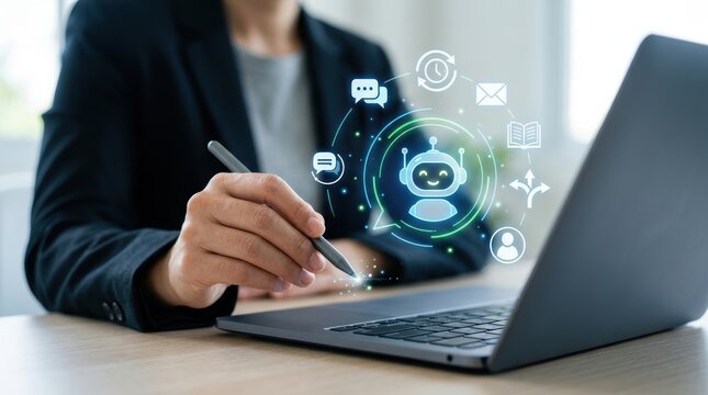 Business professional using a stylus on a laptop with a digital ai chatbot interface overlay, representing automation, customer service, and modern technology