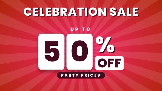 Animated retail promotion for a celebration sale featuring a fifty percent discount and falling confetti on a red sunburst background.