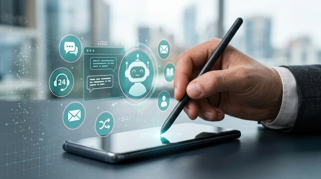 Businessman using a stylus pen on a smartphone with a digital interface showing chatbot and customer service icons in a modern office environment