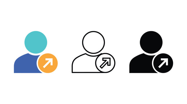 User profile export share arrow vector icon set rendered in flat color outline and solid black glyph styles on white background